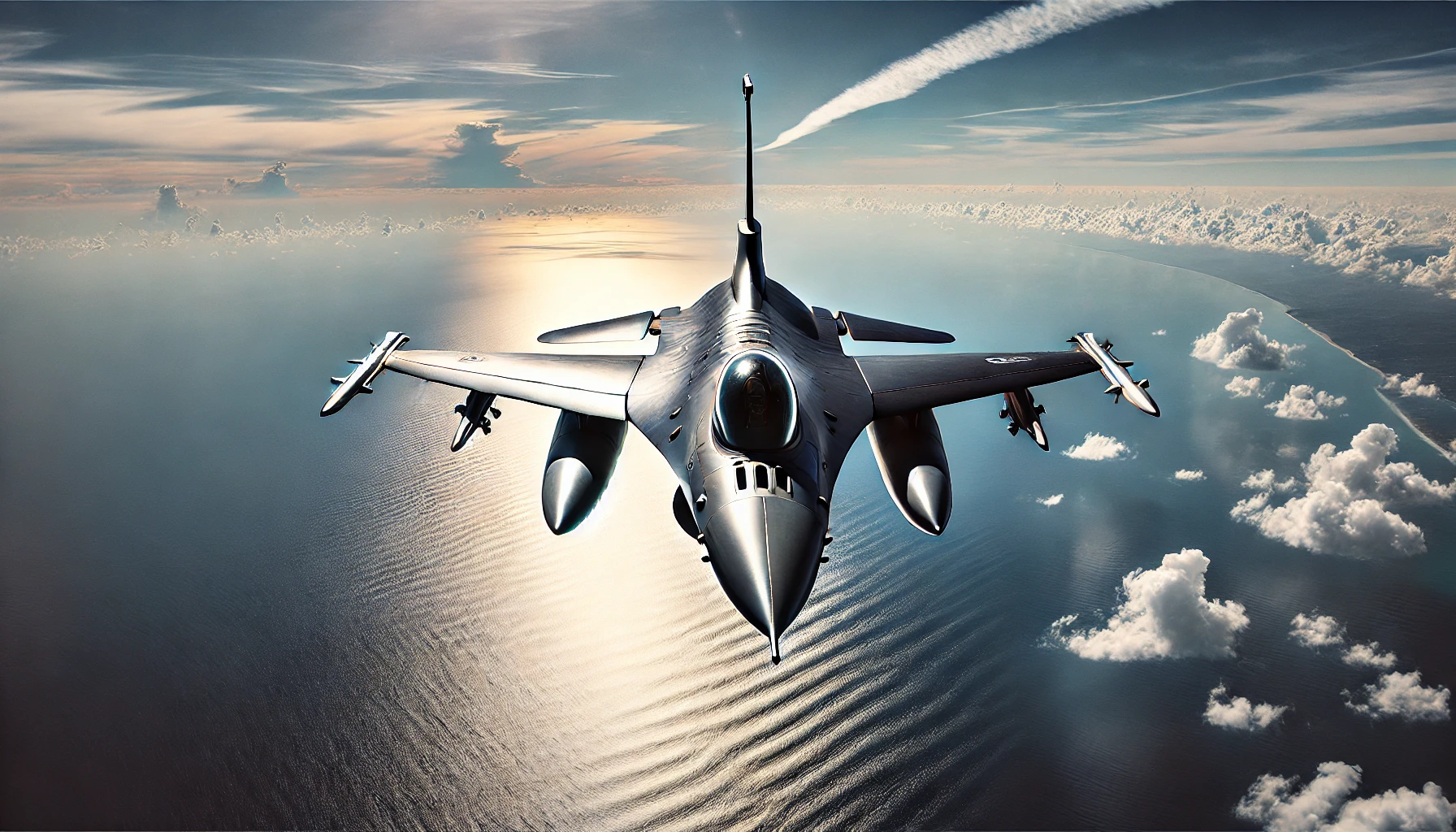 DALL·E 2024-09-30 13.14.34 – A single F-16 fighter jet flying over the ocean, viewed from a front-left 45-degree angle. The jet is soaring above a calm, vast sea with clear blue s