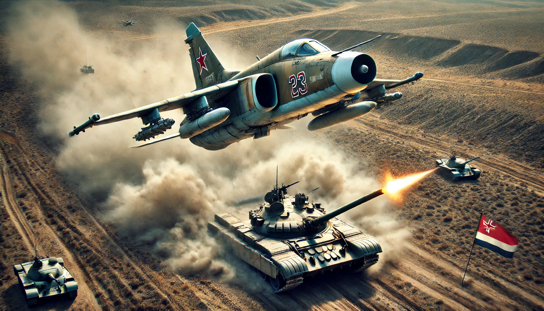 DALL·E 2024-09-30 13.28.20 – A Soviet SU-25 Frogfoot fighter jet attacking a single tank on the ground. The jet flies low, launching a missile toward the tank. The battlefield is
